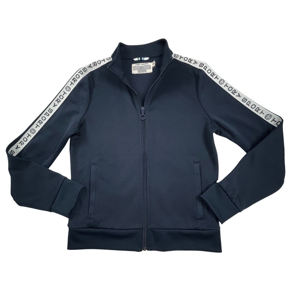 Tory Sport Womens M Banner Track Jacket Navy Blue White Logo Tape Zip Warmup